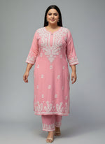Pinkcolour rayon fabric UK 5XL plus size chikankari kurti with white thread embroidery.