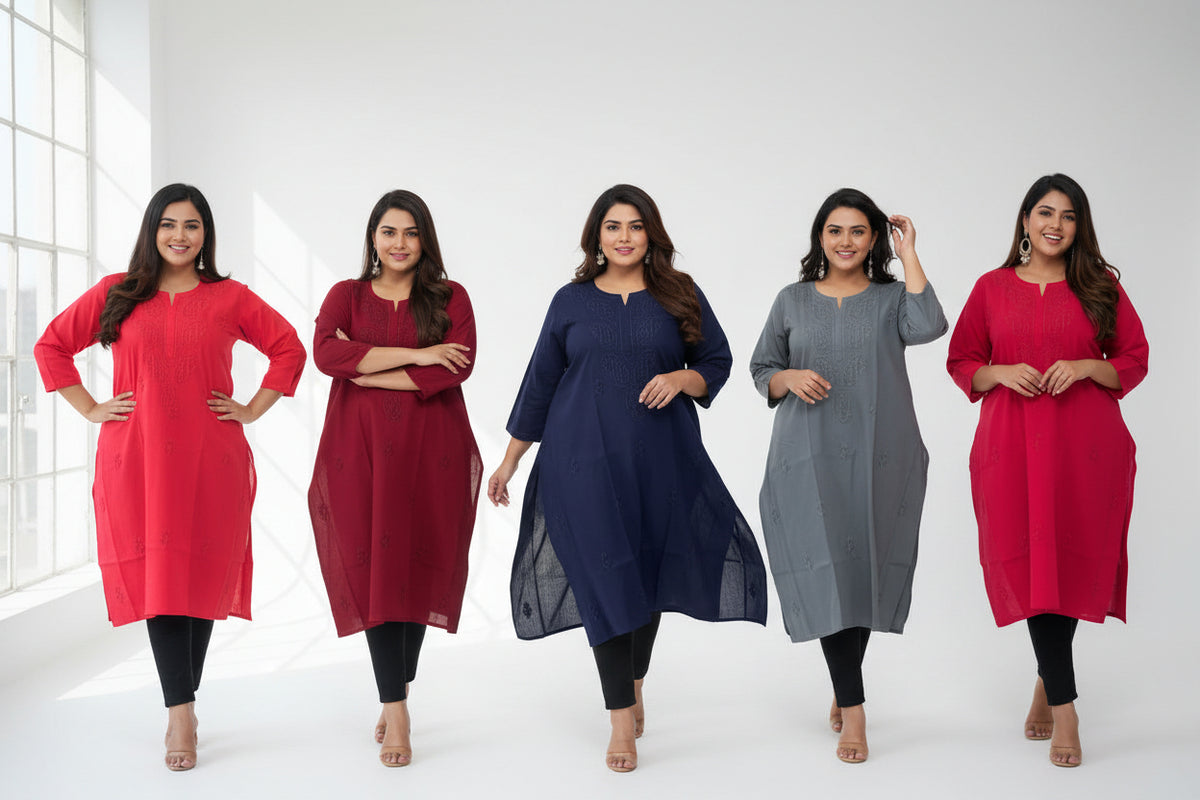 Plus size cotton long kurties with same colour thread hand embriodery on it in many colours Famaza Couture