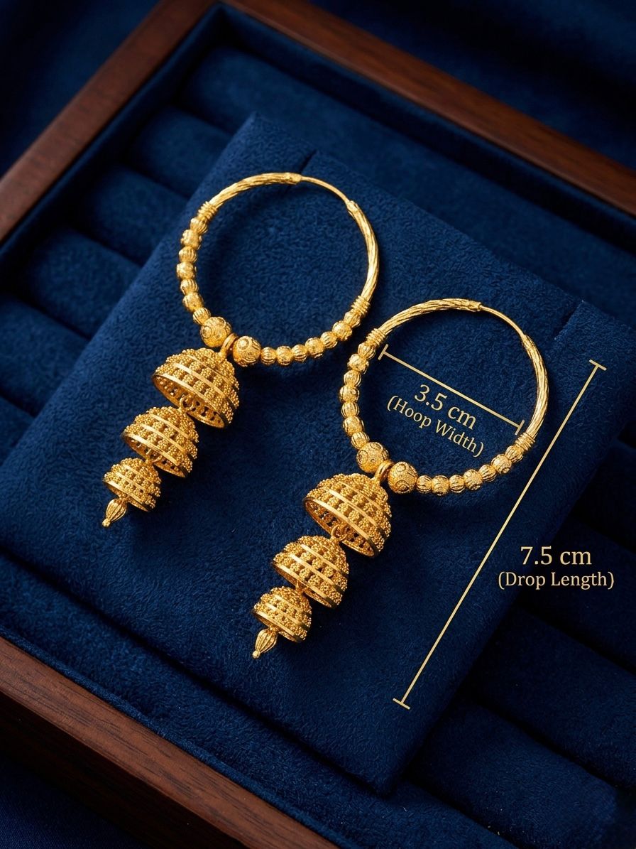 Royal Heritage Gold Triple Layer Jhumka Bali earrings with 3.5cm hoop width and 7.5cm drop length on a luxury navy blue velvet stand.