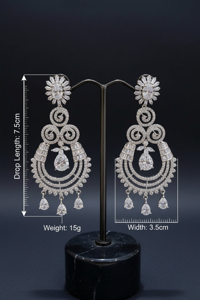 Premium American Diamond statement earrings displayed on a stand with measurements.