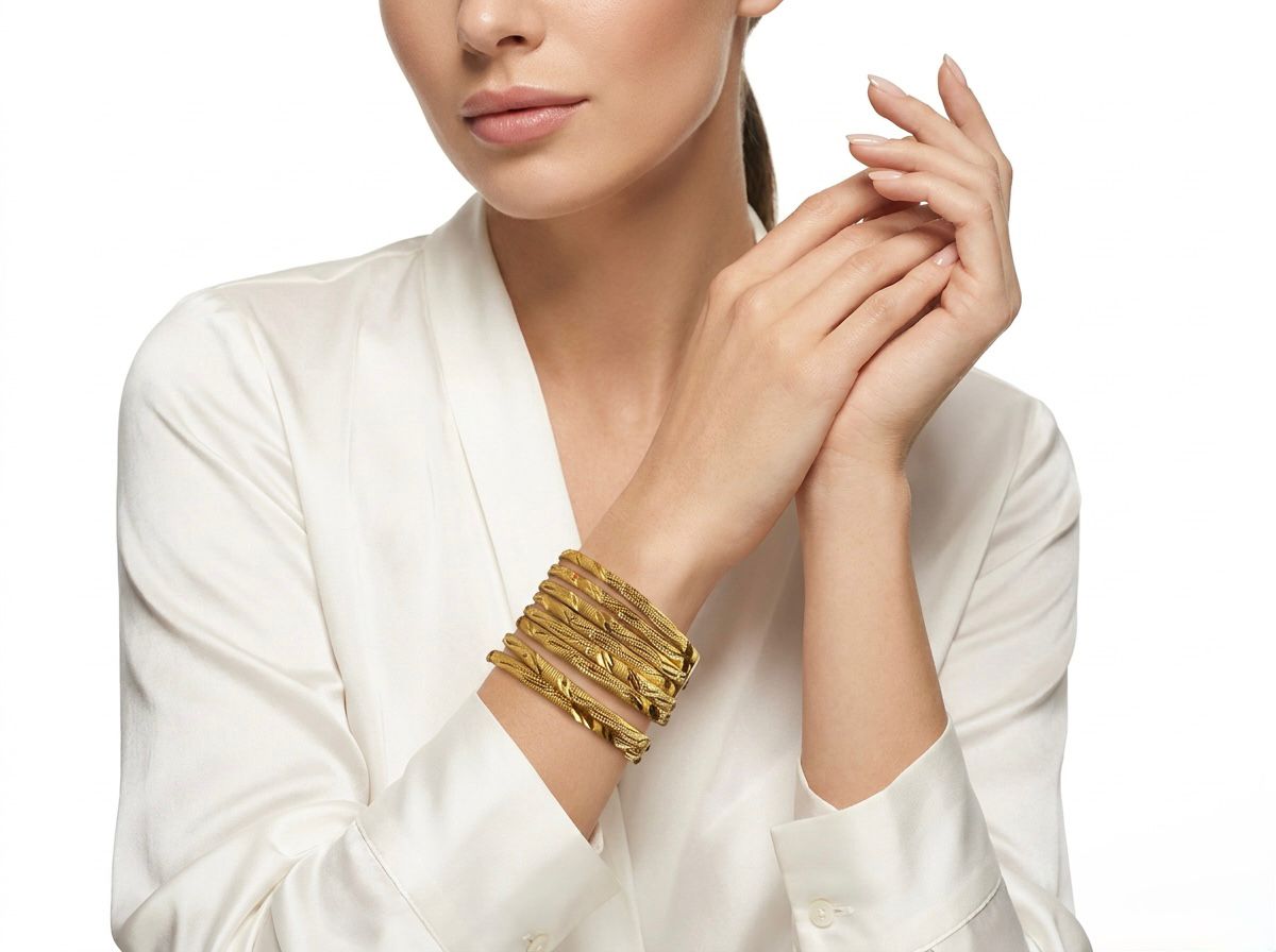 A lifestyle photograph of a woman’s wrist adorned with a stack of eight micro gold-plated copper bangles. The bangles feature an intricate twisted rope texture and are paired with a cream silk blouse against a soft white background.