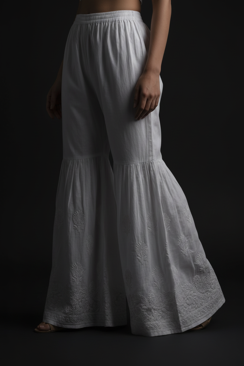 white cotton gharara with hand embroidery. 