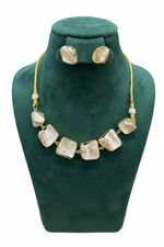 Premium iridescent mother of pearl choker necklace and matching stud earrings set on a clean background.