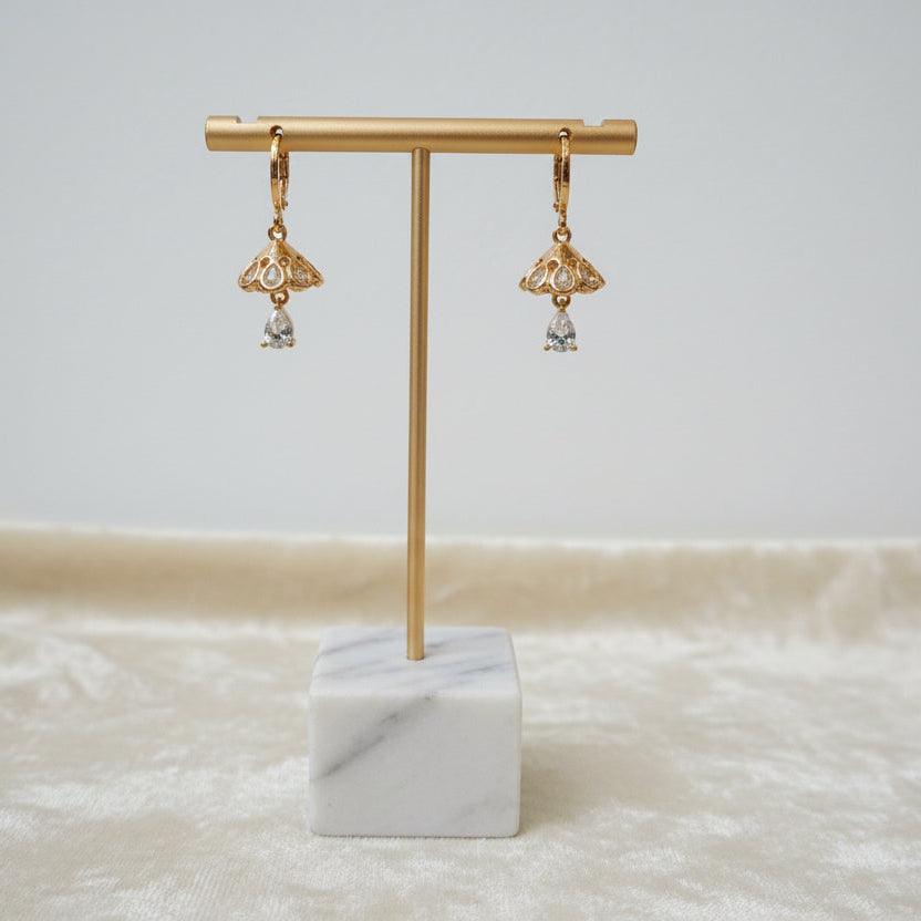 Professional product shot of the rose gold polish white stone earrings on a display stand, highlighting the precision-cut AD stones.