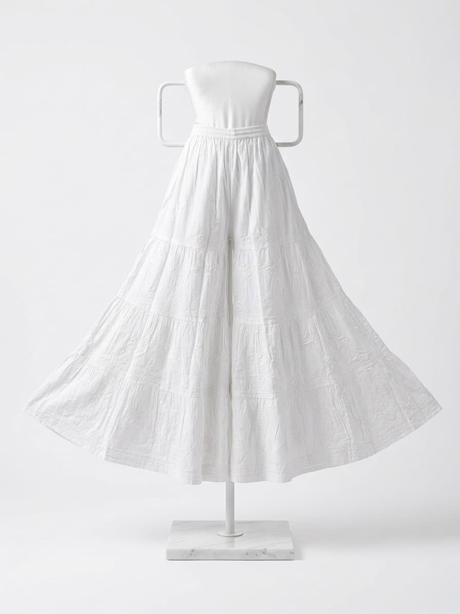 White tiered cotton sharara with detailed Chikankari embroidery on a display stand.