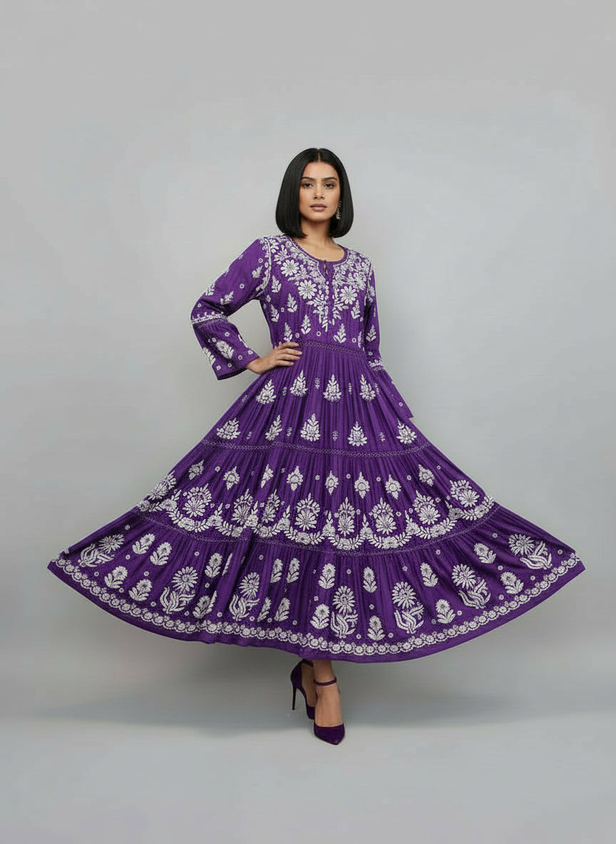 Purple Colour Hand-Embroidered Long multi layered Flared Dress full front view-Luxury Chikankari by Famaza Couture London