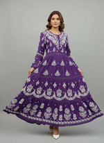 Purple Colour Hand-Embroidered multi layered Flared Long Dress full front view-Luxury Chikankari by Famaza Couture London