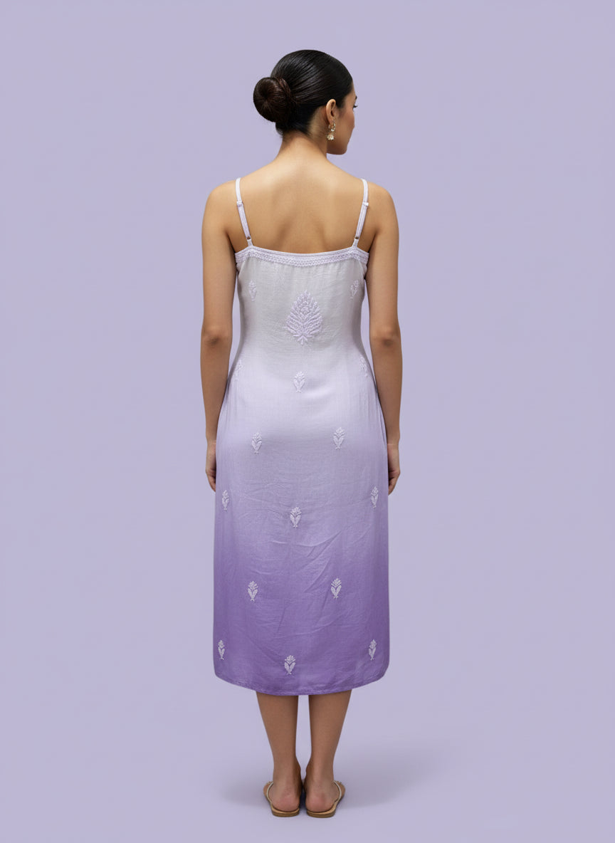 Purple colour Chikankari muslin fabric noodle dress with hand embroidery by famaza couture 