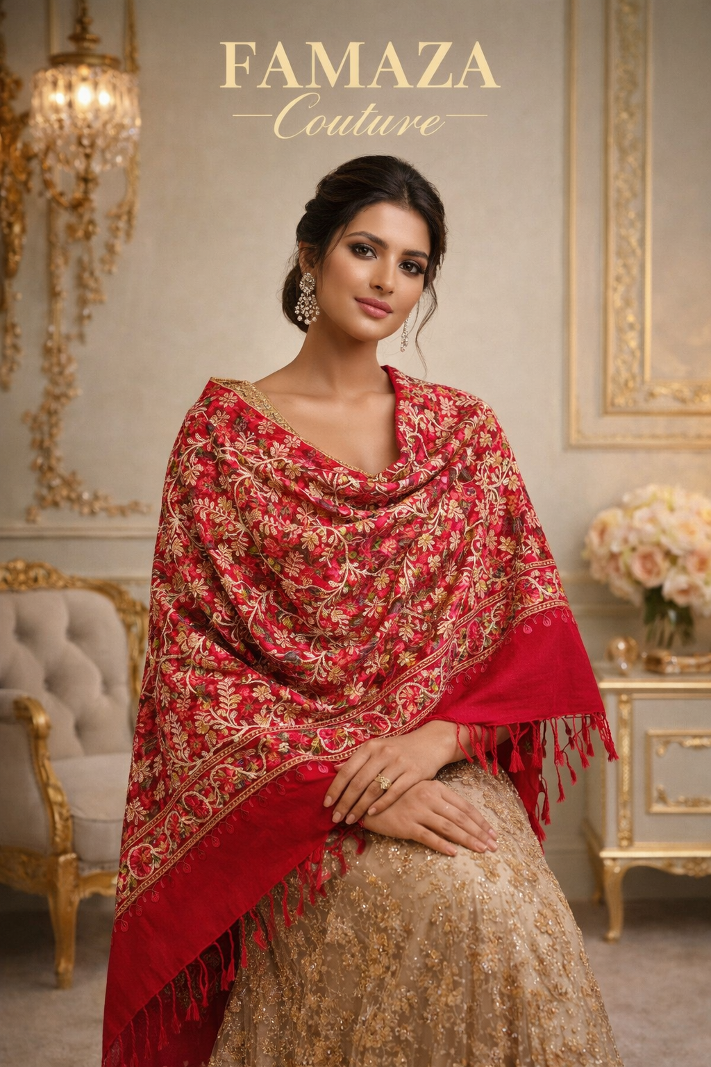 Kashmiri All-Over Embroidered Pashmina Scarf/Stole/Shawl – Elegant Aari Work Wrap | Famaza Couture