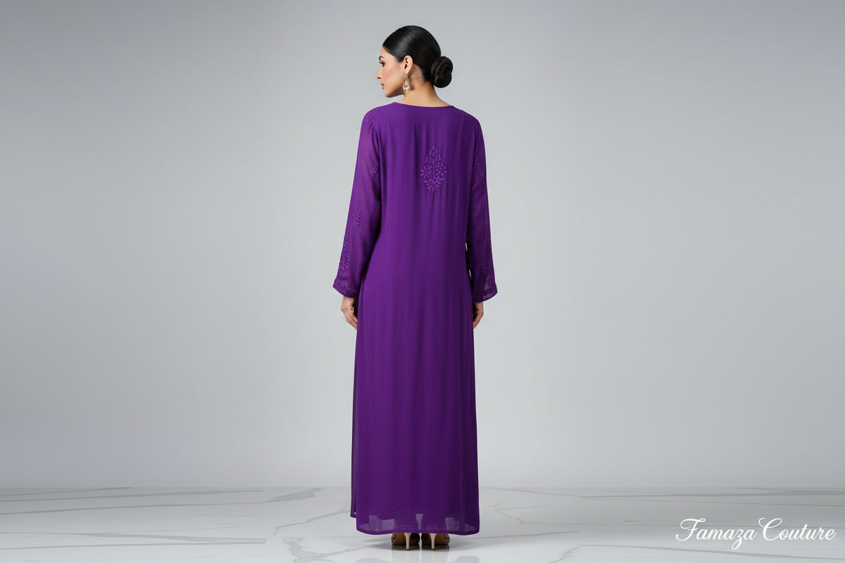 Rear view of a purple colour viscose fabric tone to tone silk thread hand embroidered long kurti.