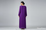 Rear view of a purple colour viscose fabric tone to tone silk thread hand embroidered long kurti.
