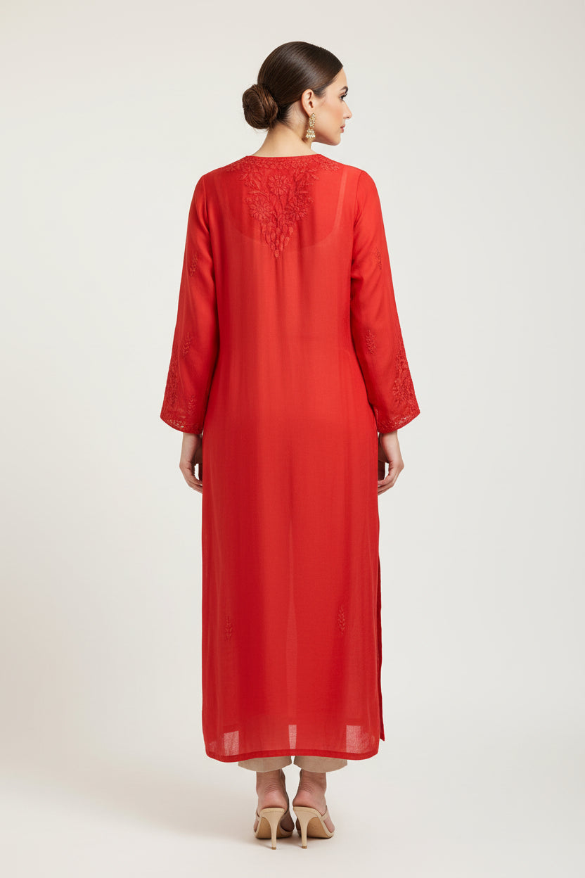 Rear view of a red colour tone to tone silk thread hand embroidered long kurti.