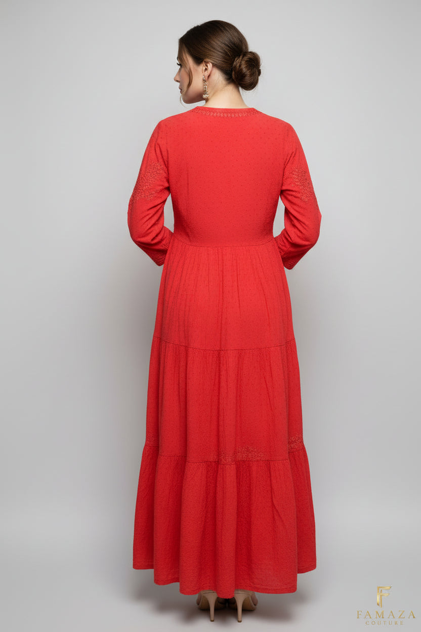 Rear view of red colour chikankari dobby cotton fabric long 3 laired flare dress