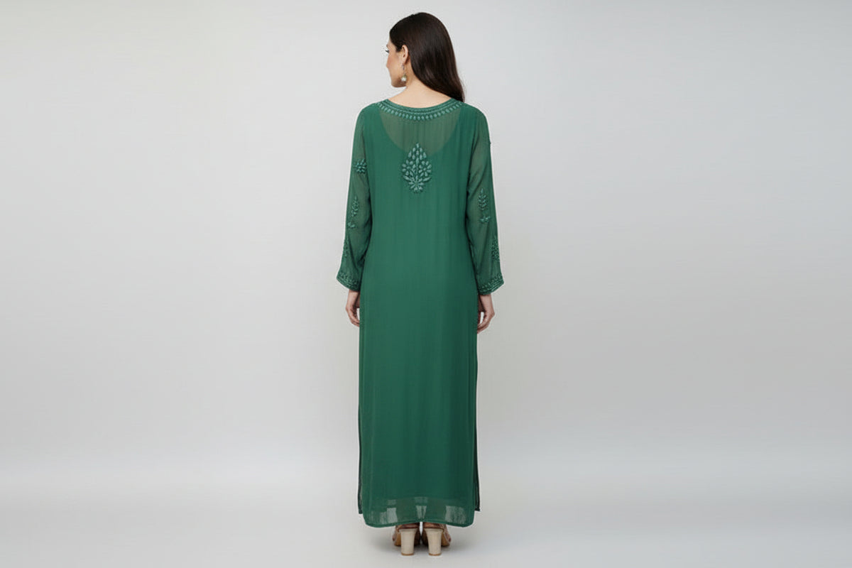 Rear view of this Long bottle green kurti with floral embroidery.