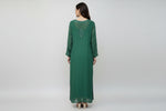 Rear view of this Long bottle green kurti with floral embroidery.