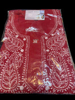 Red chikankari kurti neck close up 