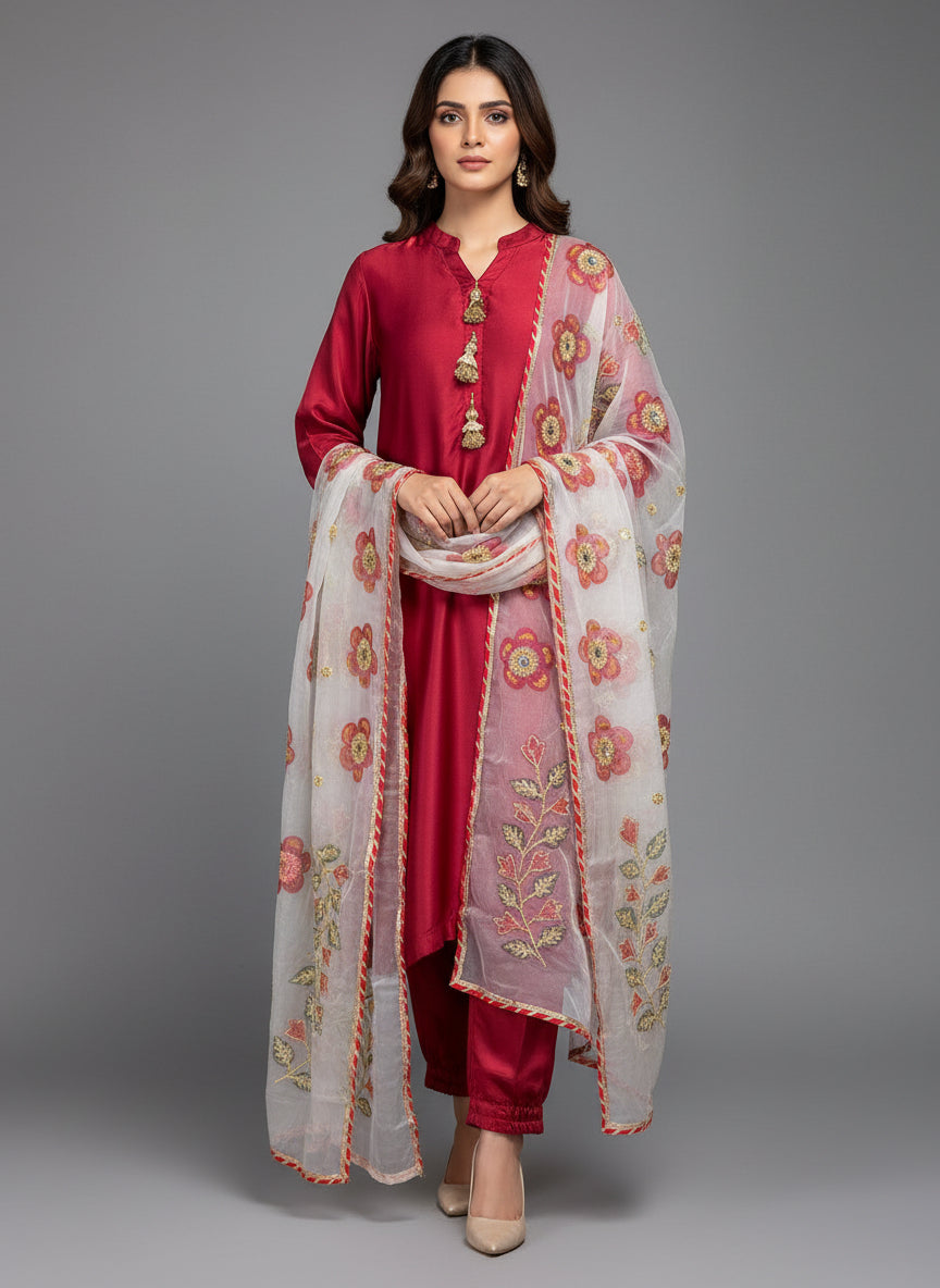 Red colour silk fabric long kurti and trousers with white hand painted organza dupatta. 