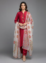 Red colour silk fabric long kurti and trousers with white hand painted organza dupatta. 