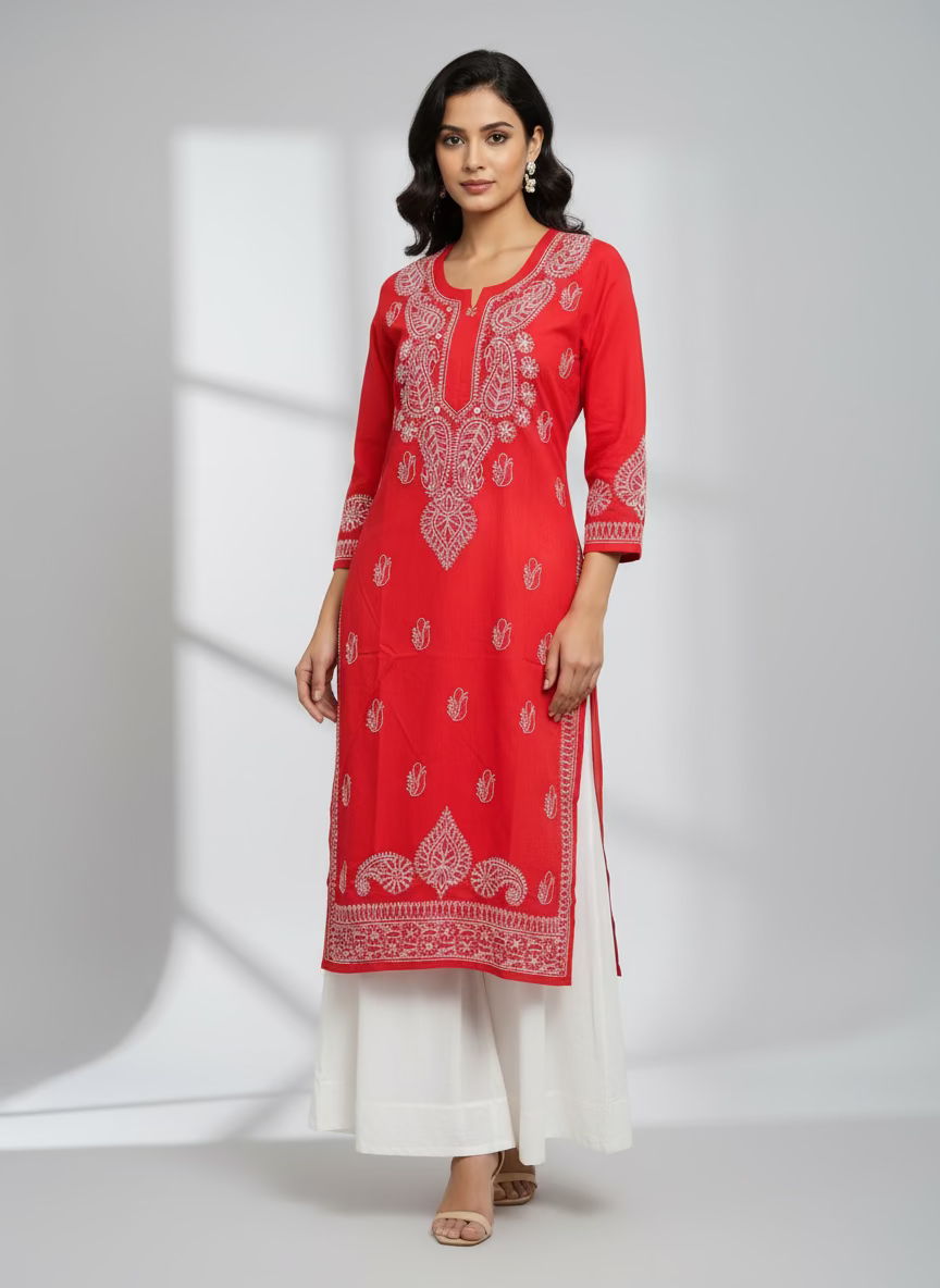 Red cotton kurta with white hand embroidery by famaza couture 