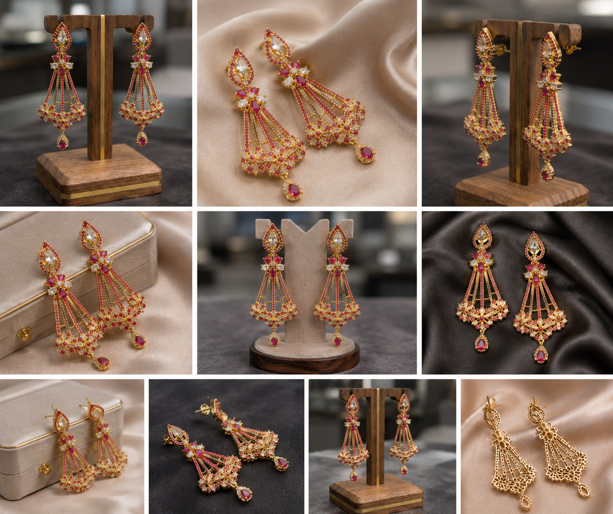 Luxury gold-tone chandelier earrings featuring pink and white crystal stones displayed on wooden stands, champagne silk fabric, velvet, and a premium jewelry box from multiple product angles.