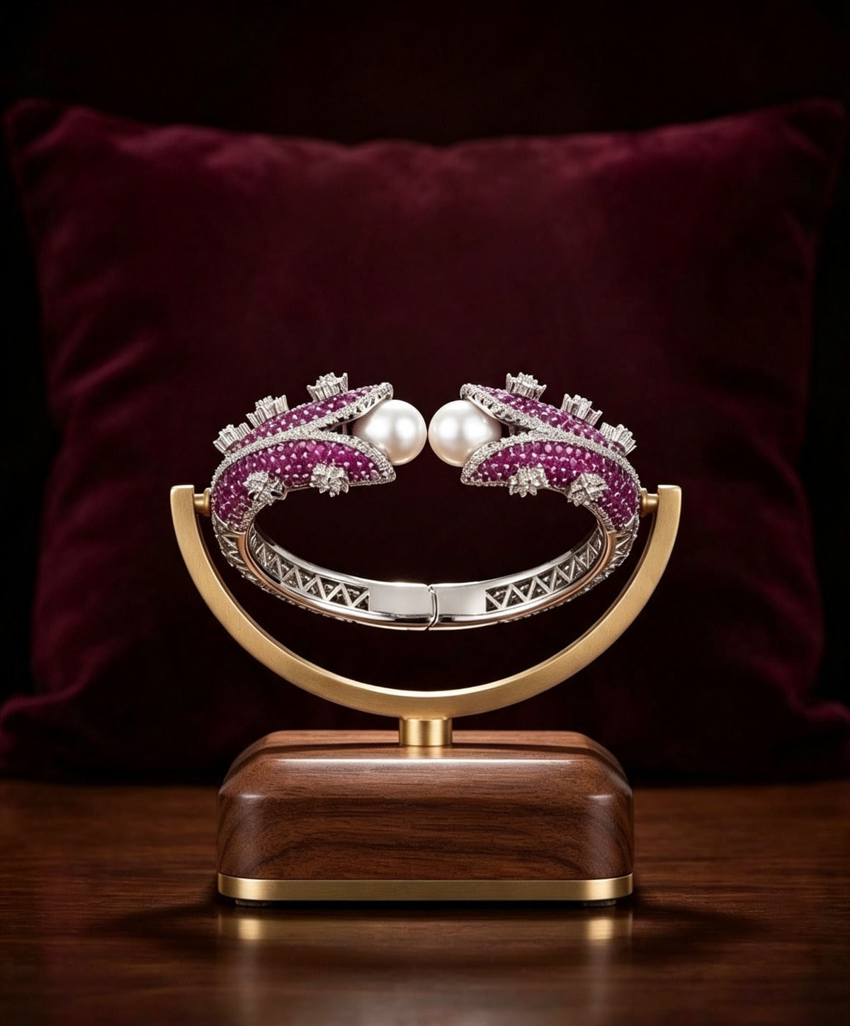 Luxury silver cuff bangle with deep purple stones and white pearls displayed on elegant gold and wood stand — Famaza Couture statement jewelry, silver-tone open cuff design with sparkling crystals and lustrous pearls, premium product photography with burgundy velvet background