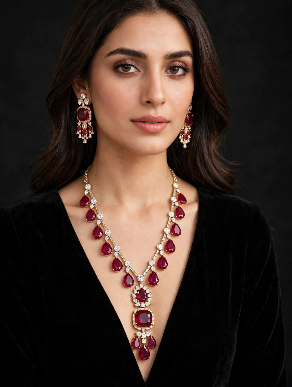 Model wearing regal ruby red pear & cushion-cut gemstone necklace with matching statement earrings, gold-tone finish with sparkling clear crystal accents — South Asian bridal & formal jewelry.