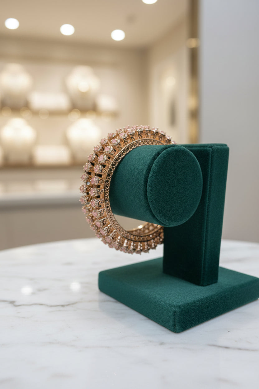 Rose Gold polished and pink American diamonds bangles displayed on the stand. 