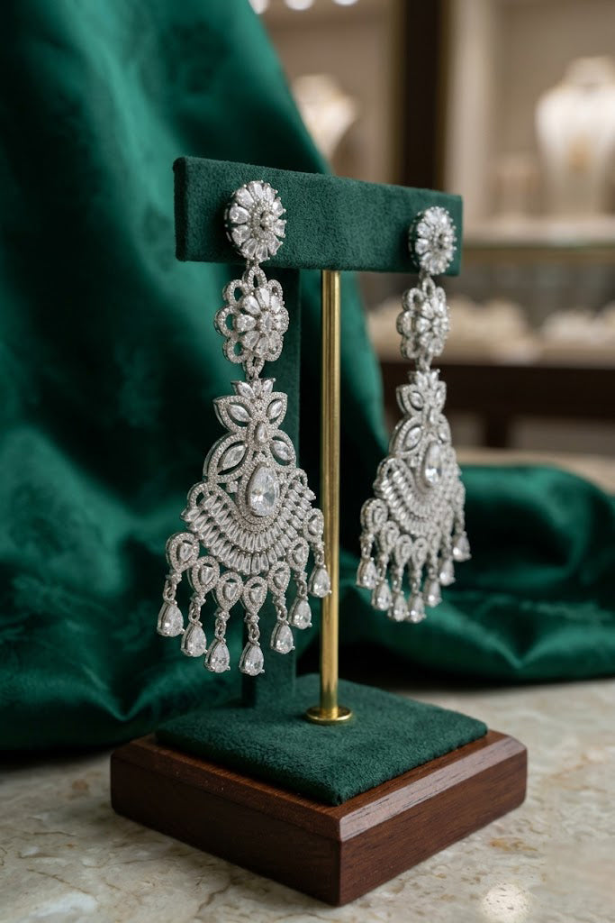 A pair of intricate silver-tone statement earrings featuring floral designs and teardrop accents on a velvet green display stand.