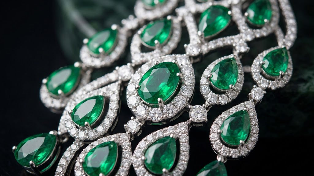 highlighting the fine setting of teardrop simulated emeralds and sparkling cubic zirconia halo borders on rhodium-plated silver.