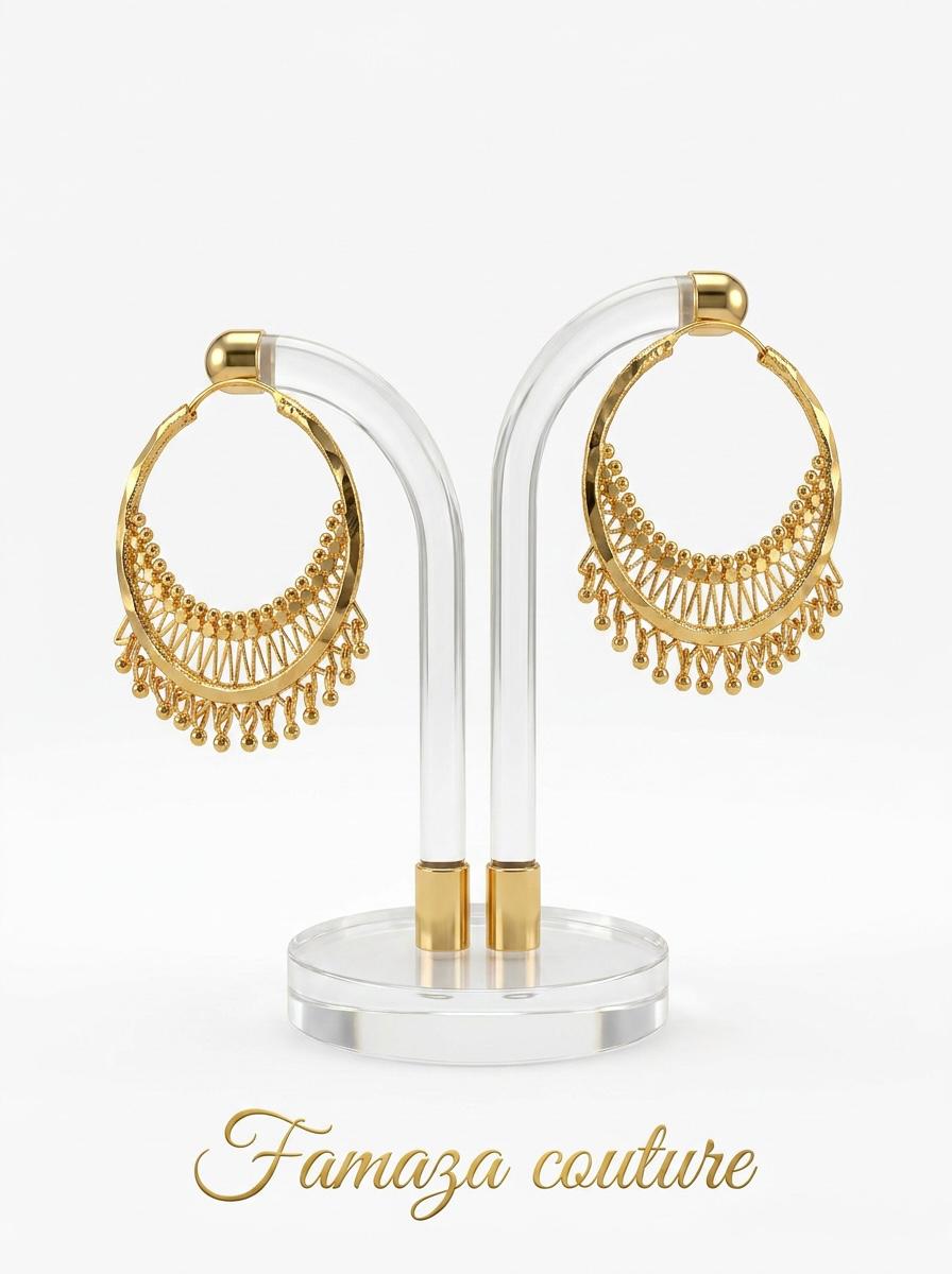 Gold Plated Filigree Chandbali Hoop Earrings for Wedding Party Wear.
