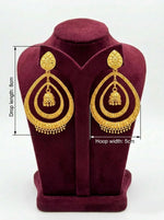 Royal Heritage gold plated double layer chandbali jhumka earrings with 5cm hoop width and 8cm drop length on a luxury maroon velvet stand.