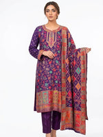 Model wearing a deep purple Kanni embroidery silk kurta set with zari work and a patterned dupatta, set against a pure white background.