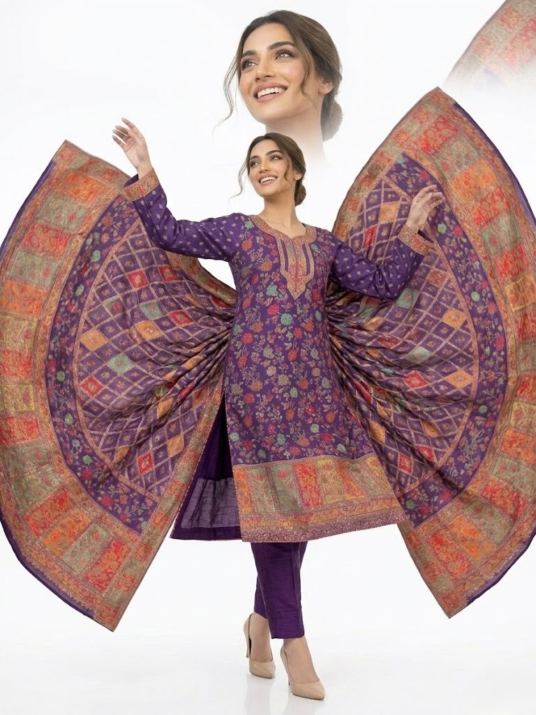 A model poses against a pure white background wearing a deep purple Kanni embroidery silk kurta set, featuring intricate patterns and zari work, paired with a matching dupatta and raw silk trousers.