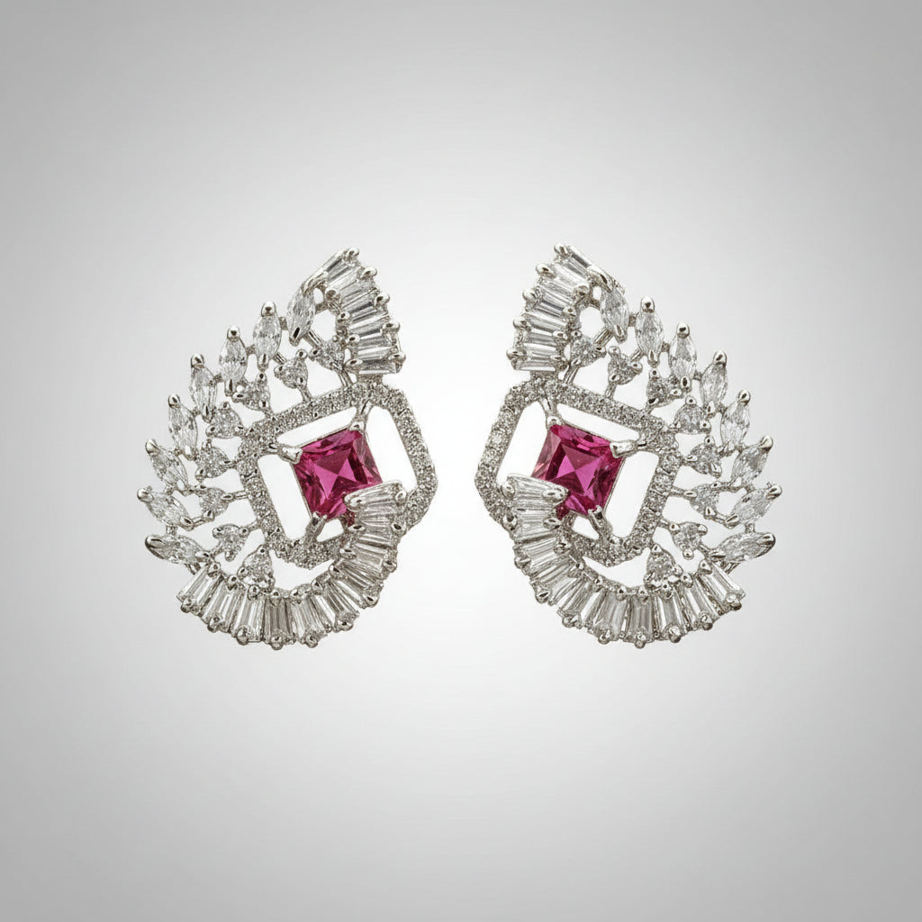 Ruby Pink centre stone earrings, featuring a geometric design with intricate detailing, displayed on a black mannequin. Party wear set.