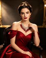 Luxury ruby red teardrop statement jewelry set, vibrant red pear gemstones with brilliant CZ crystal accents, elegant seated pose, premium formal jewelry perfect for weddings, receptions and grand evening occasions.