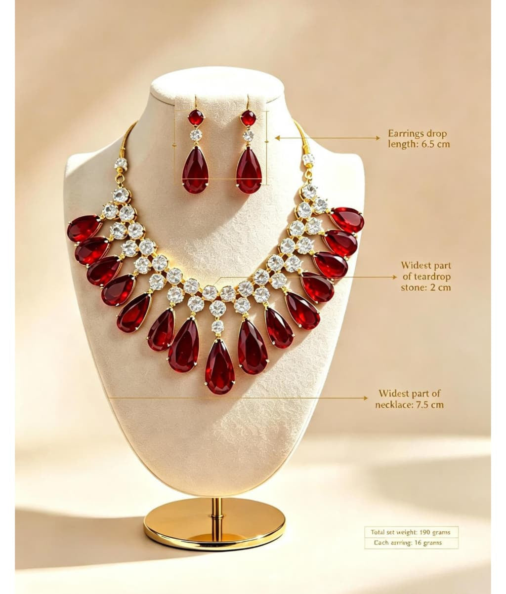 Ruby red teardrop statement jewelry set with full specifications, vibrant red pear gemstones and brilliant CZ, dimension guide and weight details, premium jewelry for weddings and special occasions.