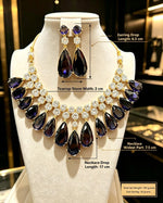 Sapphire blue teardrop statement jewelry set with full specifications, deep navy blue pear gemstones and brilliant CZ, dimension guide and weight details, premium jewelry for weddings and special occasions.