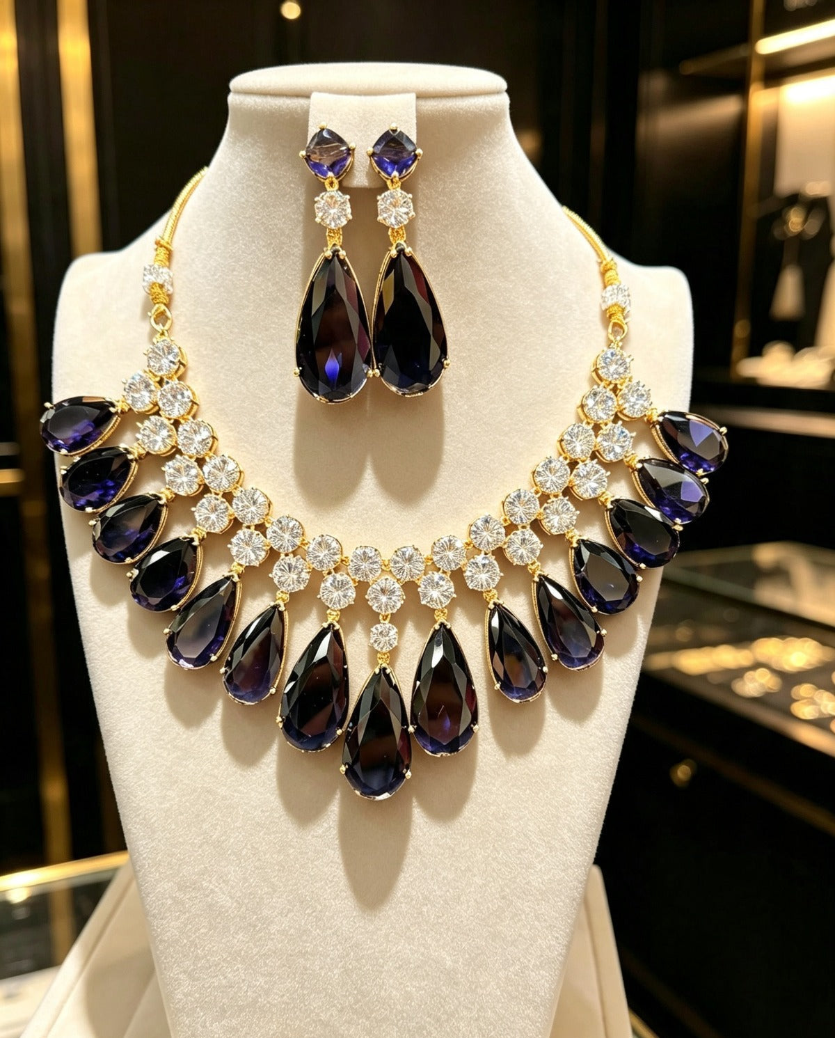 Luxury sapphire blue teardrop statement necklace and earring set, deep blue pear gemstones with brilliant CZ crystal accents, premium jewelry display on white velvet stand, perfect for weddings and upscale occasions.