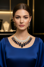 A woman wearing a dramatic statement necklace and matching drop earrings. The jewelry features deep navy blue teardrop-shaped stones and clear rhinestone accents set in gold-toned metal.