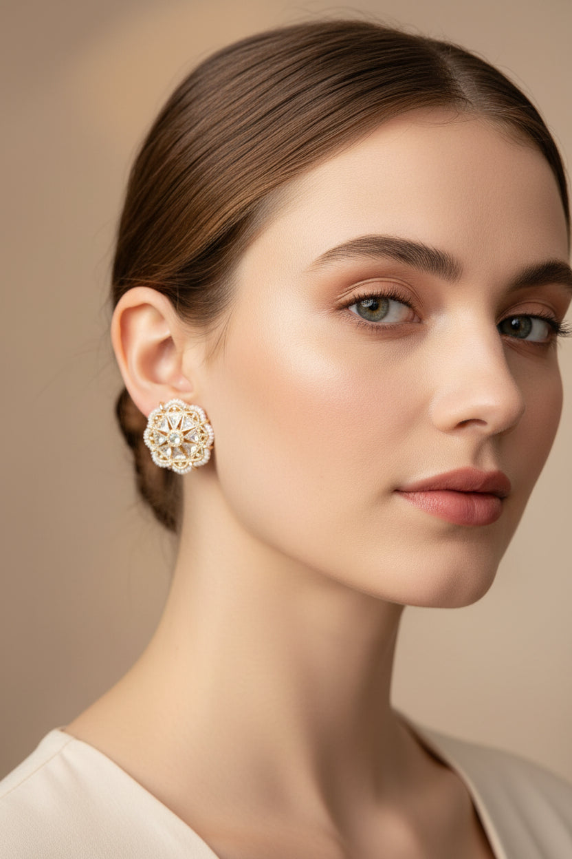 Side profile of a model showcasing the intricate craftsmanship and reflective shine of Kundan stone earrings with micro-bead detailing.