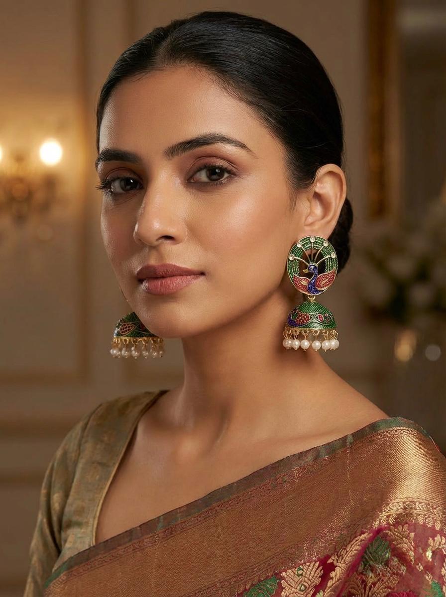 Side profile of a model wearing 5.5cm bottle green peacock jhumkas with traditional enamel detailing.