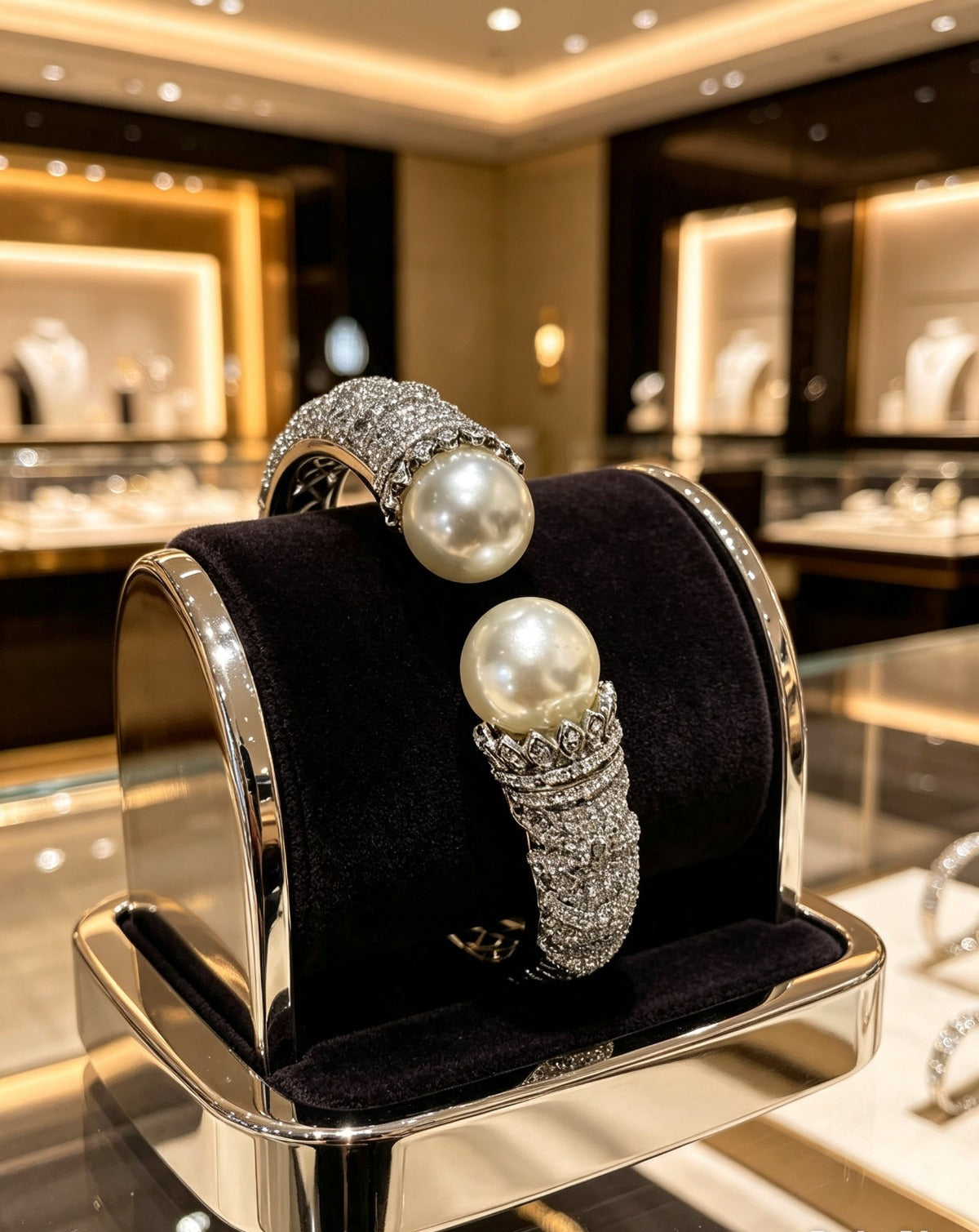 Silver Open Cuff Bangle with Large Pearls & Sparkling Crystals — luxury pearl and crystal bracelet displayed on premium jewelry stand in boutique