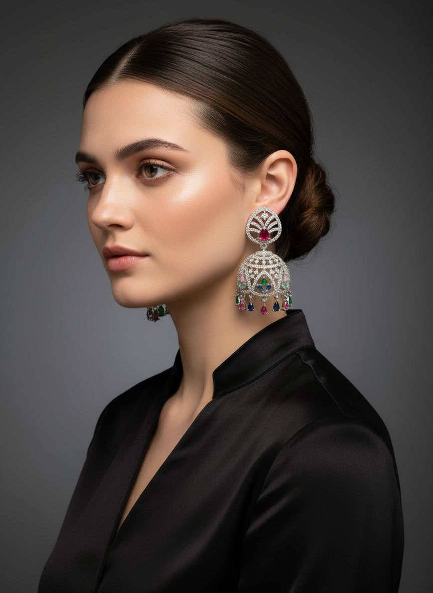 Silver-tone multi-colour jhumka earrings on white background – party & wedding jewellery