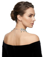 Silver plated emerald green CZ choker necklace – back view showing intricate design, extender chain and green teardrop stones.