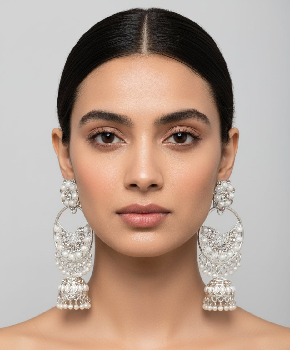 Silver bali earrings with small pearls and small jhumka in the bottom by famaza couture 