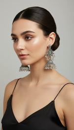 Oxidised jhumka statement earrings in antique silver finish – front view