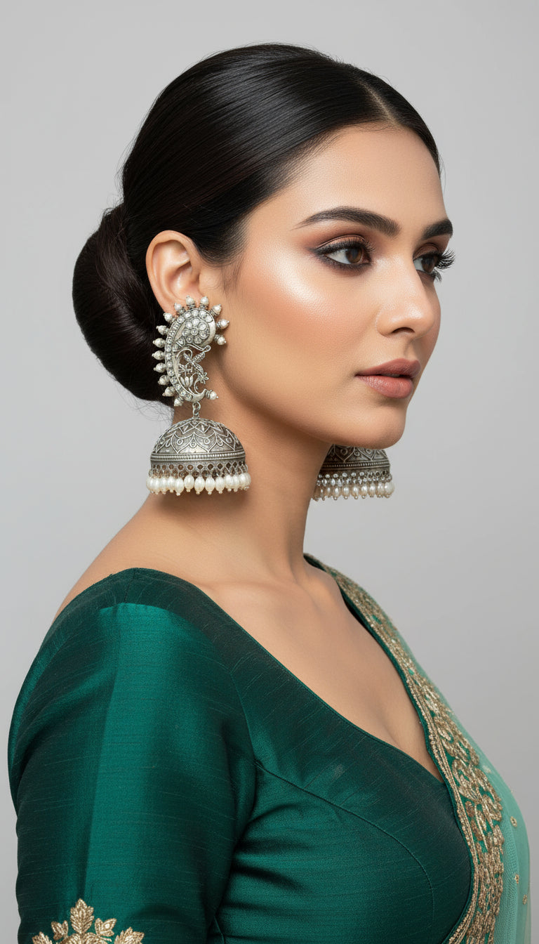 Hand holding ornate silver earrings with kundan stone and silver jhumka in the bottom