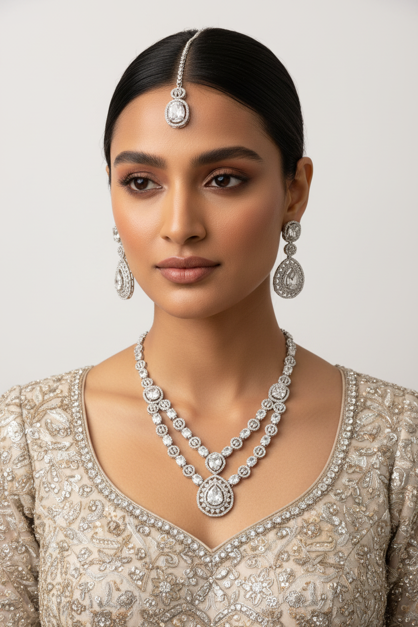 Silver jewellery set with necklace and earrings and maang tikka on a red velvet stand