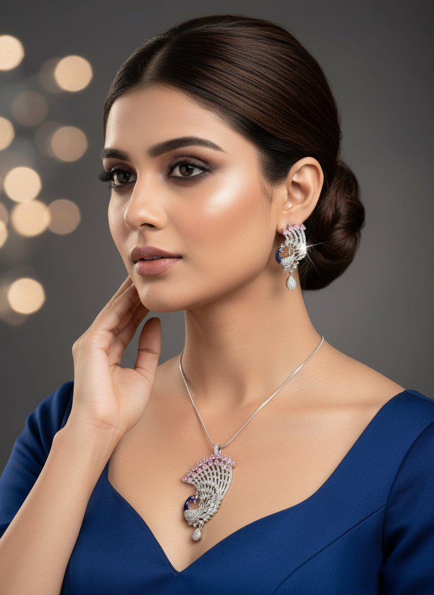 Silver plated a set of peacock-shaped pendant in silver chain with peacock-shaped earrings. The pendant is detailed with blue enamel and has sparkling crystal pink and white AD stones embellishments.