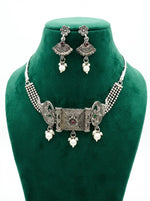 Silver plated oxidised choker necklace and dangling earrings jewellery set. 